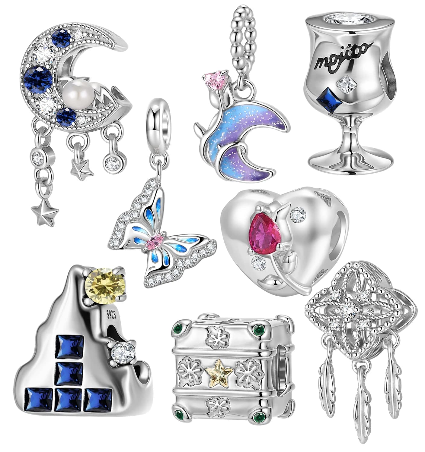 925 Sterling Silver Blue Starry Night of Van Gogh Mojito Rose Dreamcatcher Zircon Charm Fit Original Bracelet Diy Accessories