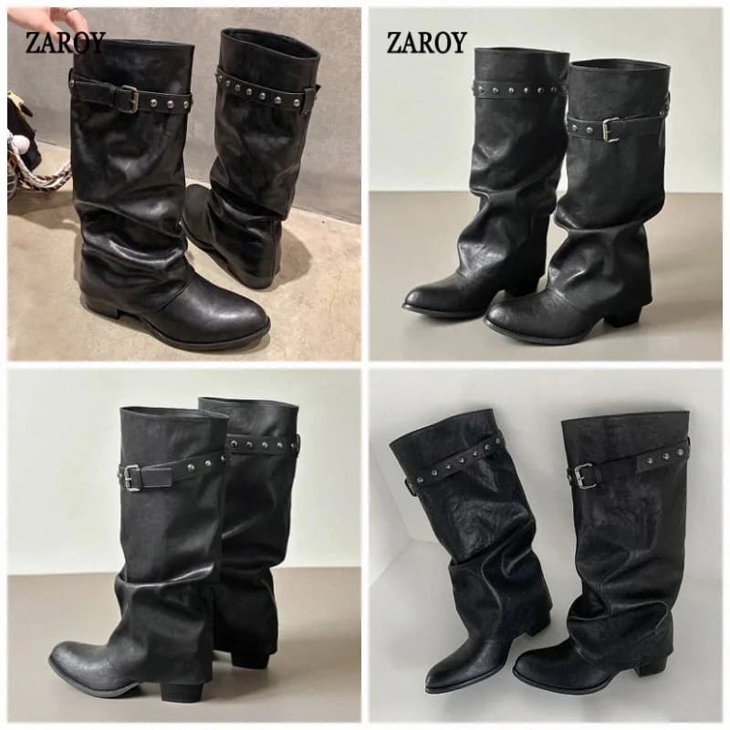 ZAROY Wide-Calf Knee-High Boots‌ Women Winter Black Punk Rivet Belted Buckle Slouchy Boots Round Toe Chunky Heel Casual Botas