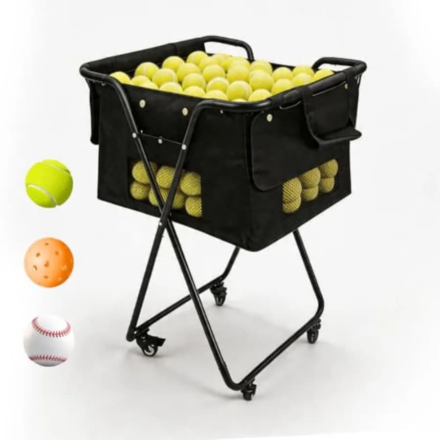 Carrello Portapalle da Tennis con 4 Ruote, Pieghevole, Grande Capacità, Raccoglipalle per Pickleball e Tennis, per Allenamento e Coaching sul Campo