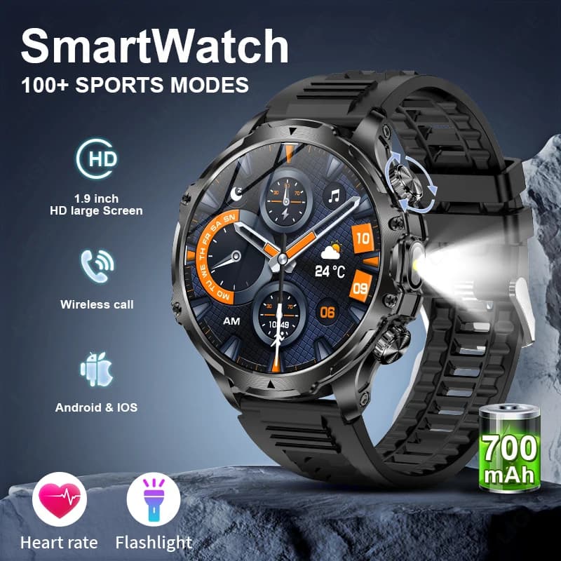 LIGE Smartwatch Military Men's 1.9 "Schermo HD Electric Flashlight Waterproof 700mAh Battery Frequency Cardiaca BT Call Smart Watch For Android IOS