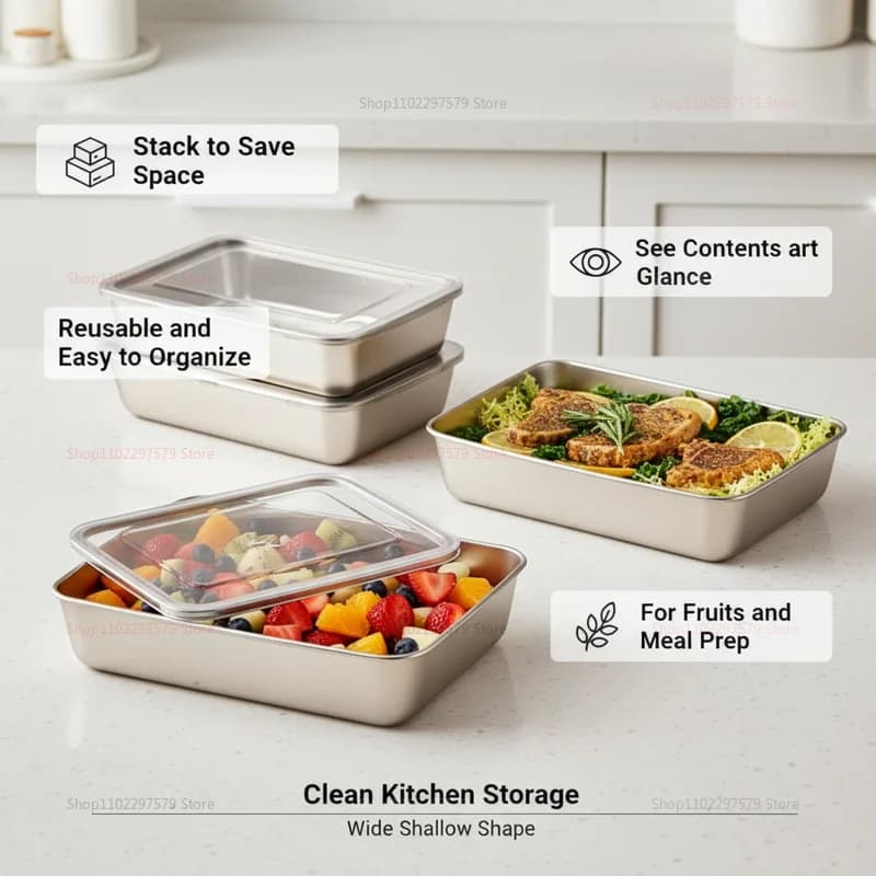 Contenitore per Alimenti in Acciaio Inox con Coperchio, Vassoio Spesso per Mantenere Freschi Frutta e Verdura, Scatola Sigillata per Conservazione, Organizer per Frigorifero