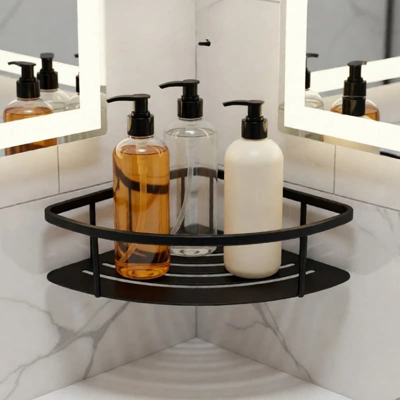 Black Stainless Steel Corner Shower Shelf No Punch Drill Free Bathroom Storage Rack Wash Table Organizer Waterproof