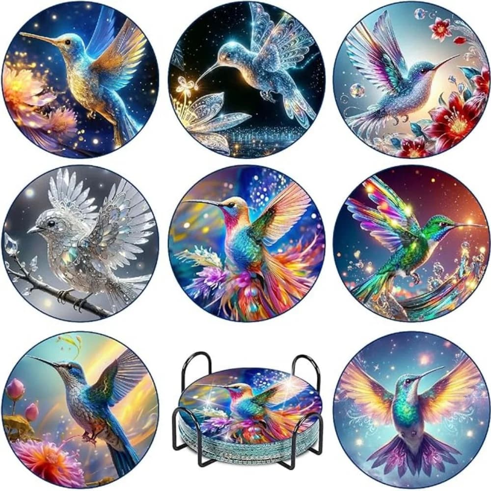 8 pezzi di sottobicchieri per pittura con diamanti con staffe, sottobicchieri con diamanti con motivo uccelli fai da te, adatti sia per adulti che b
