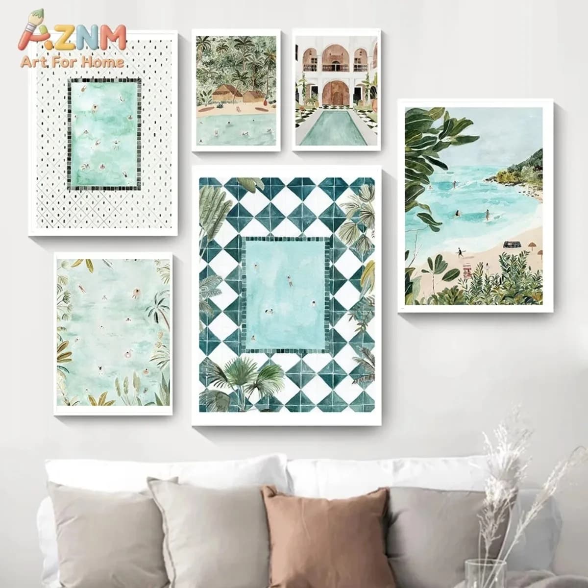 AZNM Tropical Summer Canvas Wall Art Watercolor Swimming Pool Beach Palm Leaf Mediterranean Building Print Unframed Canvas Fresh