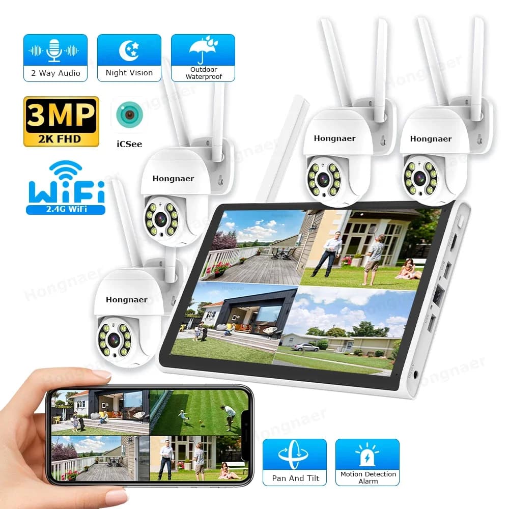 Kit di Videosorveglianza Wireless Hongnaer 2026 con NVR WiFi a 4 Canali 3MP, Schermo LCD 10.1" e Sistema di Telecamere di Sicurezza ICSee