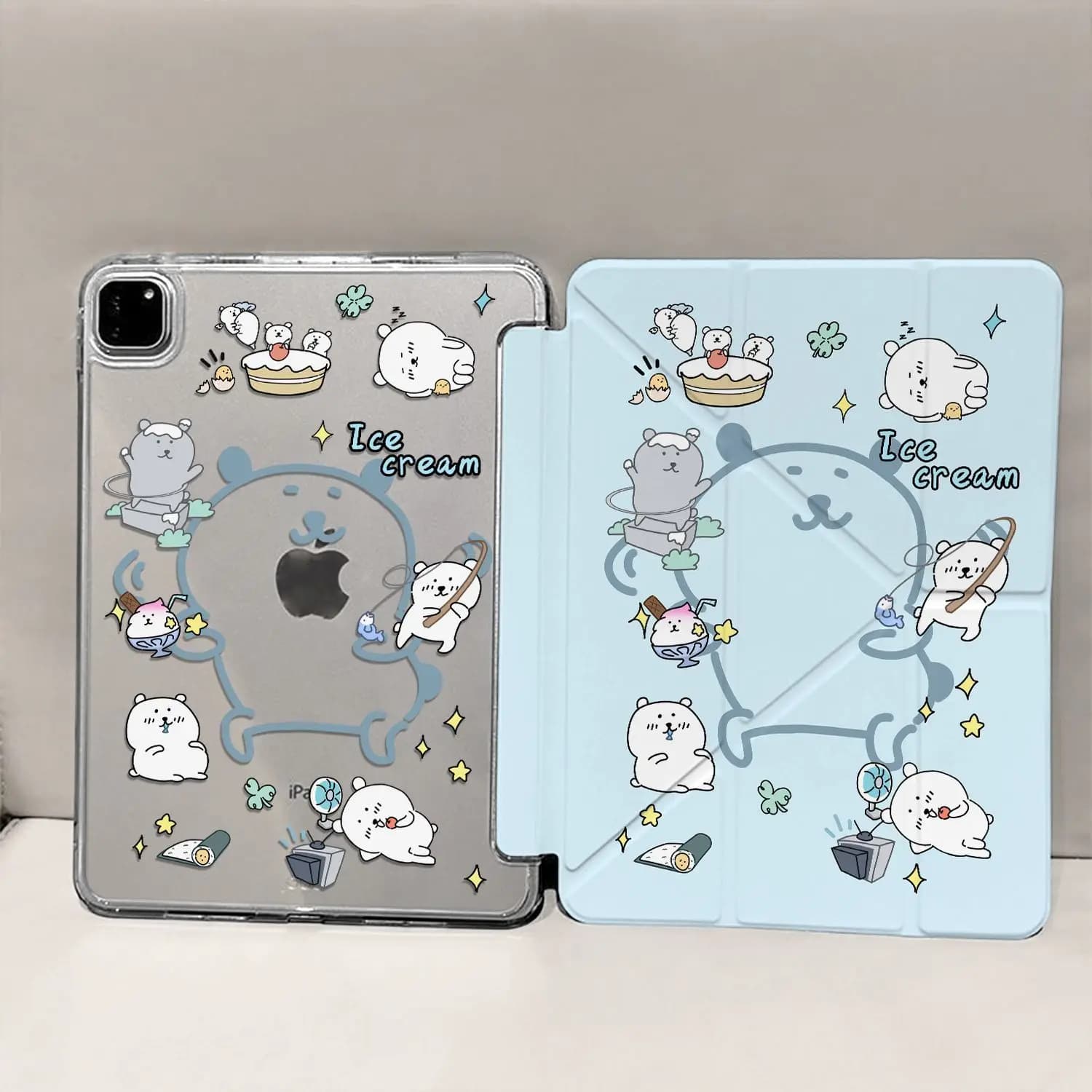 Ins Blue Kawaii Bear New Tablet Case For iPad Pro 11 12.9in 13 M4 9.7 10.2 5/6th 7/8/9 10 11th MINI 6 7 Air 5 6 7 Trifold Case