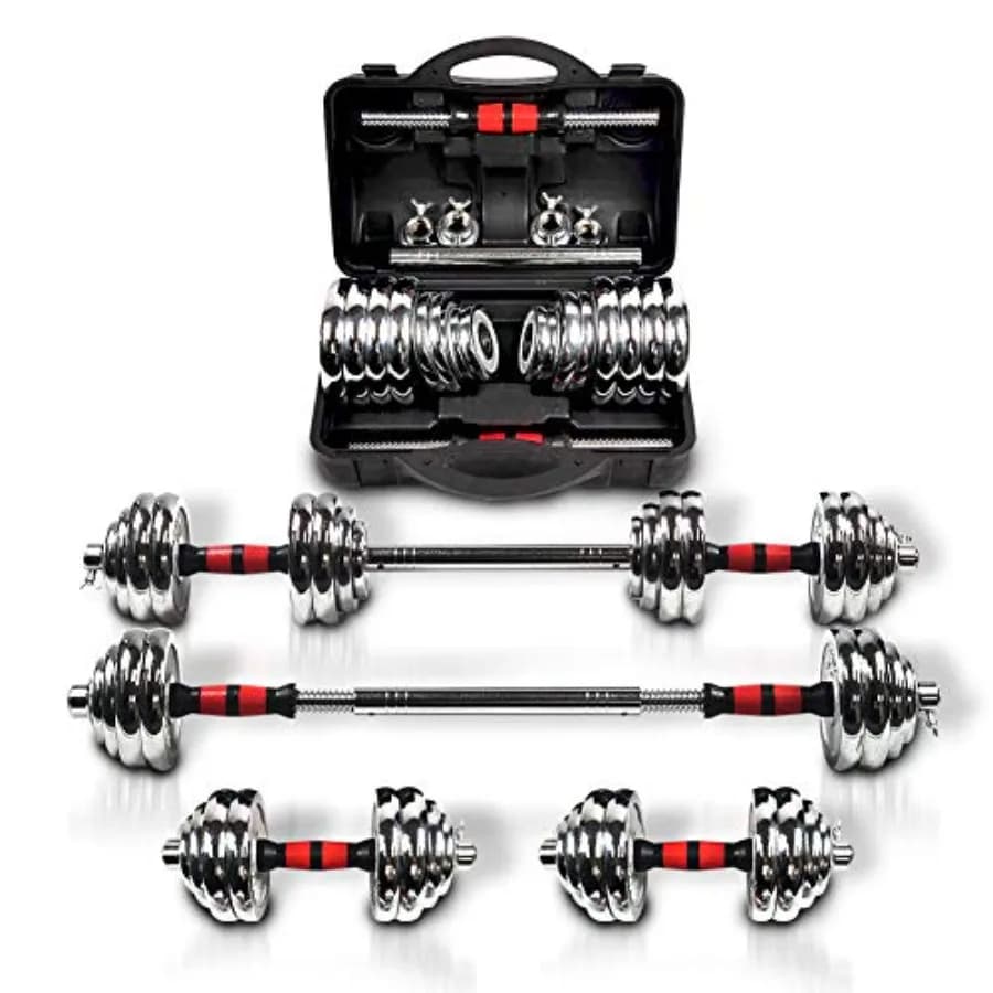 Home gym adjustable dumbbell set with 3-in-1 barbell rod, chromed metal weights, black finish, up to 110lbs max load, includes