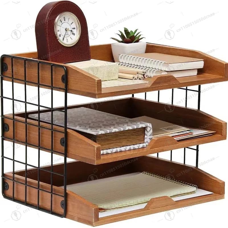 Scatola di immagazzinaggio di file in ferro battuto in legno, forniture per ufficio, cartella di file con cassetto multistrato da tavolo, scaffale di archiviazione in legno