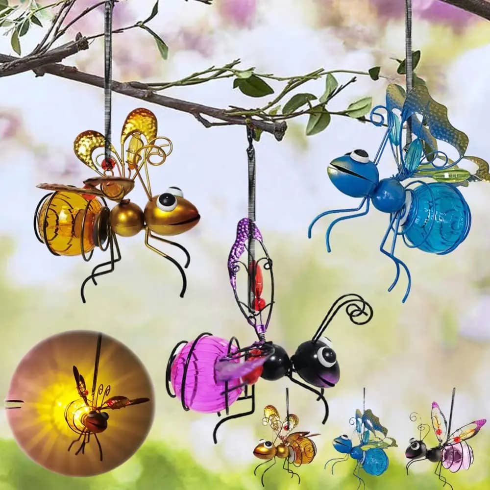 Solar Iron Insect Statue With LED Fairy Light Outdoor Waterproof Hanging Tree Ornament For Fence Yard Courtyard Garden Art Decor