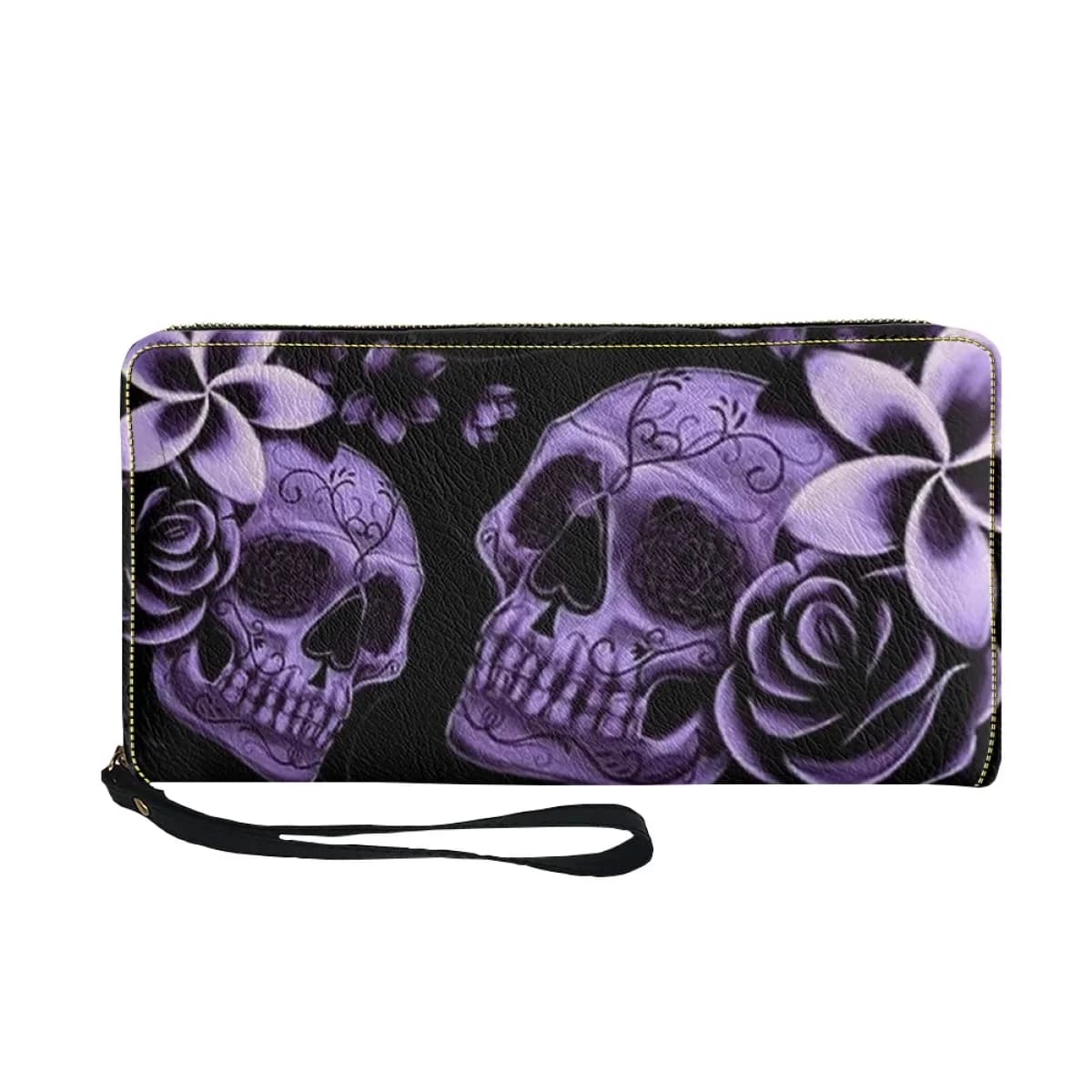 Portafogli da donna con motivo floreale a teschio viola, borsa da viaggio casual da donna, borsa sottile multifunzione con cerniera per ragazze, porta soldi