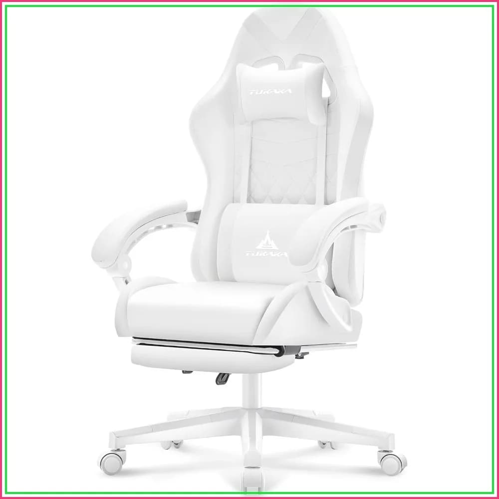 White Ergonomic Gaming Chair with Footrest, Pocket Spring Cushion, Reclining Leather Adjustable, Headrest & Lumbar Support