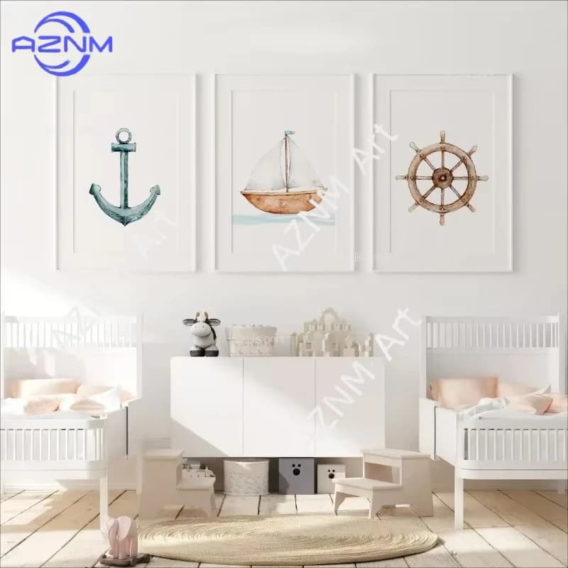 1 Pezzo/3 Pezzi Stile Cartone Animato Ancora Nautica Ruota della Barca Poster Artistico per Cameretta Bambini Stampe su Tela Quadri Decorazione Soggiorno