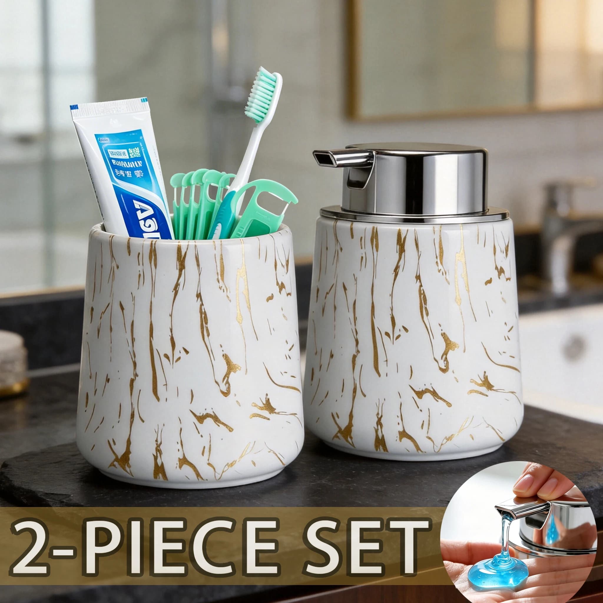 Set di 2 Dispenser per Sapone da Bagno e Porta Spazzolini, Dispenser per Sapone da Cucina e Organizer, Elegante Dispenser per Arredamento Casa