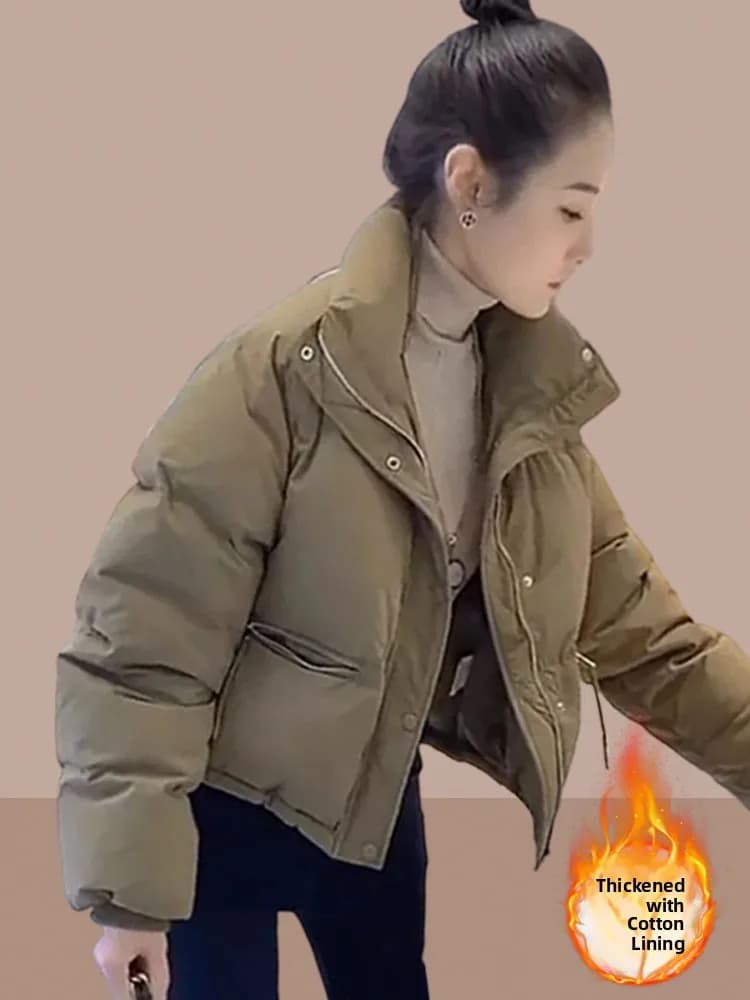Korean Style Short Thickened Cotton Jacket Women's Loose Fit Fleece Lined Autumn Winter Coat Small Size Friendly Outerwear
