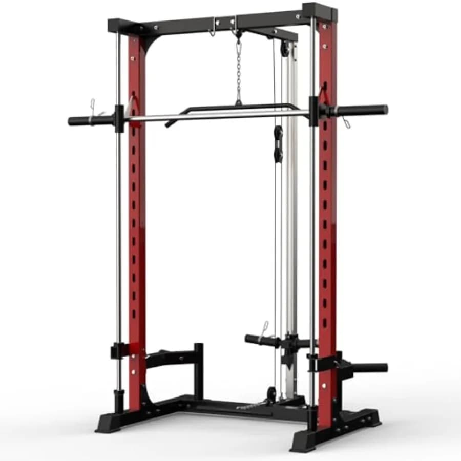 Smith Machine Home Gym 1000LB Power Cage Squat Rack con LAT Pulldown, Barra Low Row, Porta Pesi, Multifunzione in Acciaio Nero