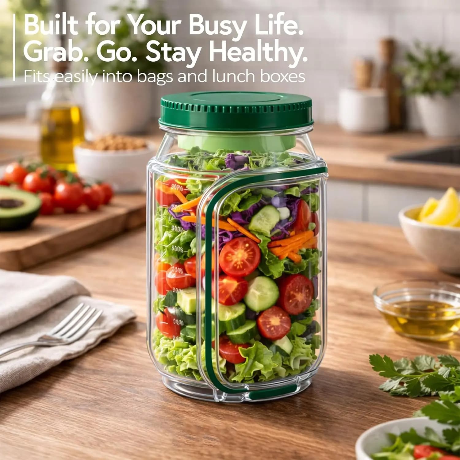 Salad Jar with Side Opening, Mason Jar Salad Leak Proof Dressing Container for Lunch with Dressing Compartment, Dishwasher Safe Meal Prep Box for Meal Prep Food Jars, Home, Office, Travel