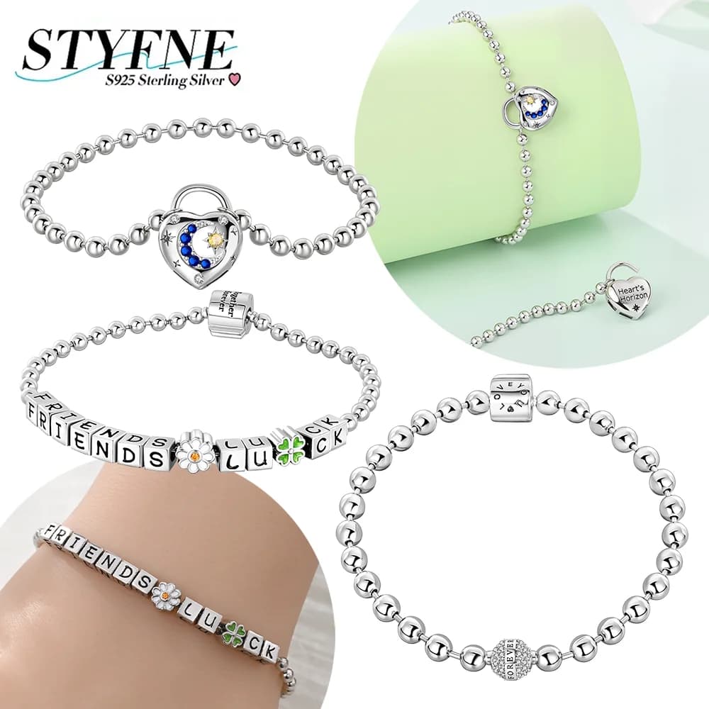 Lucky Bracelet 925 Silver Zircon Ball Chain Heart Lock Star Moon Clover Bracelet Fit DIY Charms Beads for Women Jewelry Gift