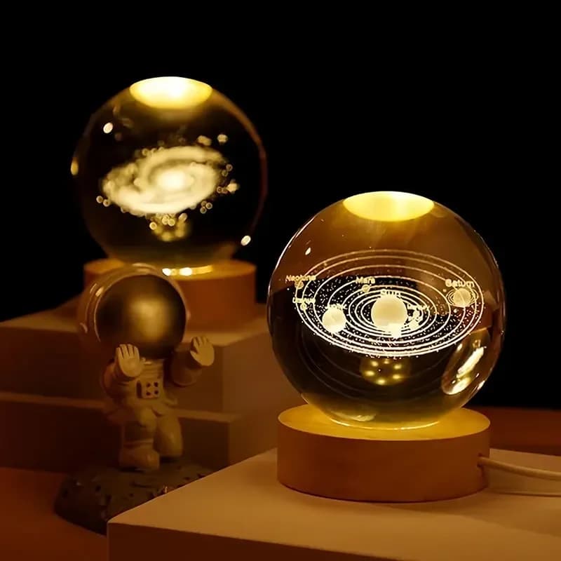 Sfera di Cristallo 3D da 6cm, Pianeta Terra con Base in Legno, Sistema Solare, Galassia, Regalo di Compleanno, Decorazione da Scrivania
