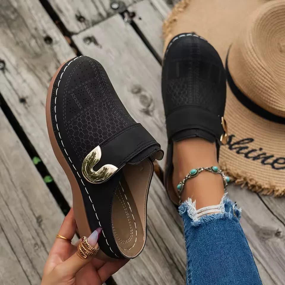 Women's Comfort Mules Slip On Shoes, Hollow Out Non-Slip Flat Loafers, Casual Breathable Closed Toe Backless Slippers For Work Office Walking