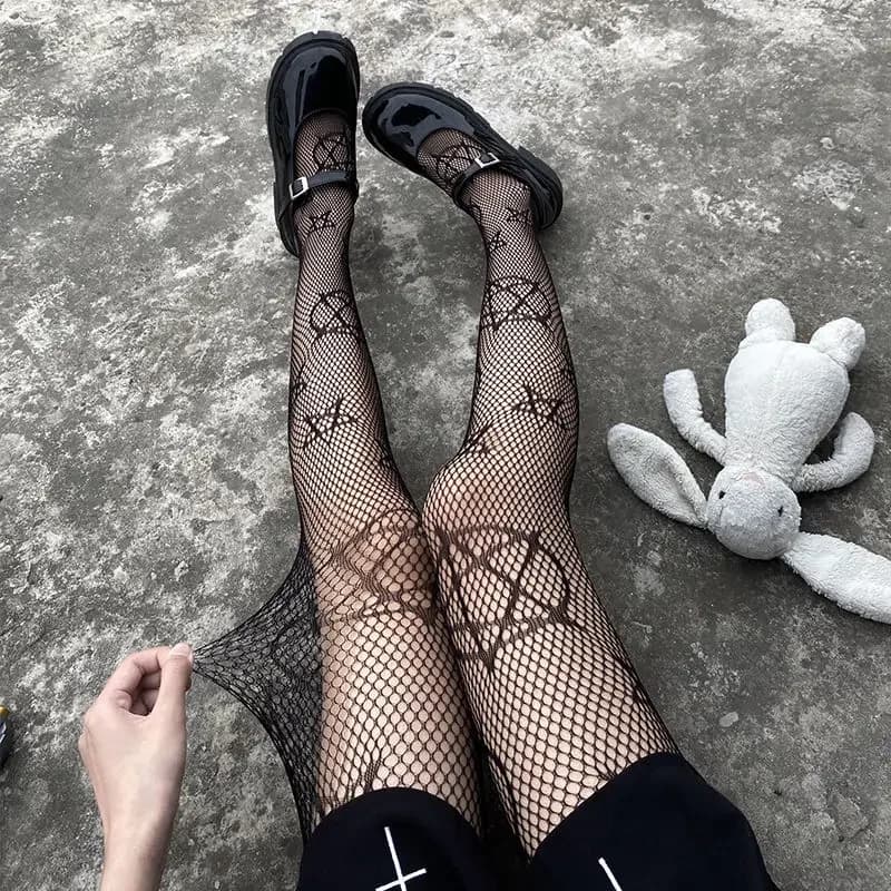 Lolita Ragazze Carino Pentacolo Stampa Collant Donne Sexy Gotico Punk Magico Stella a Cinque Punte Maglia Pesce Net Collant Calze per il Corpo