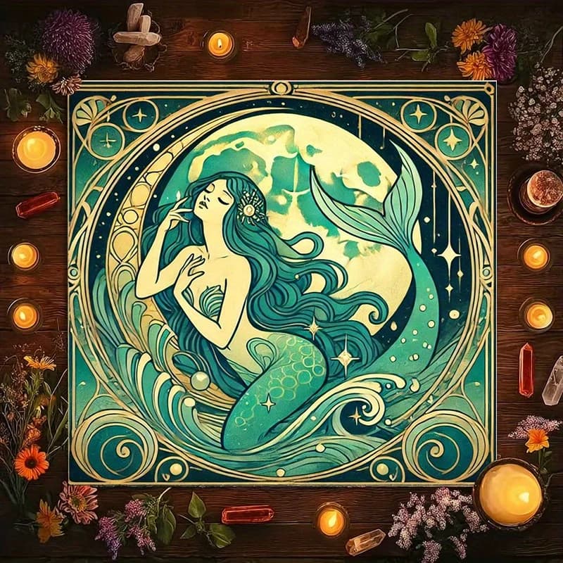 Tappeto per Altare Tarocchi VIKAMA Moon Sea Mermaid, Stile Art Nouveau, Tappetino per Divinazione Energia Oceanica, Tappetino per Meditazione