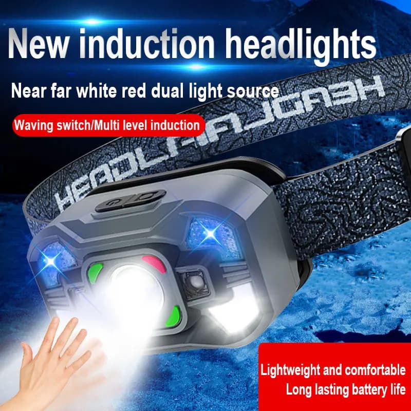 Faro con sensore di movimento del corpo a 5 modalità Mini lampada frontale ricaricabile USB Torcia da campeggio Lampada frontale impermeabile per esterni