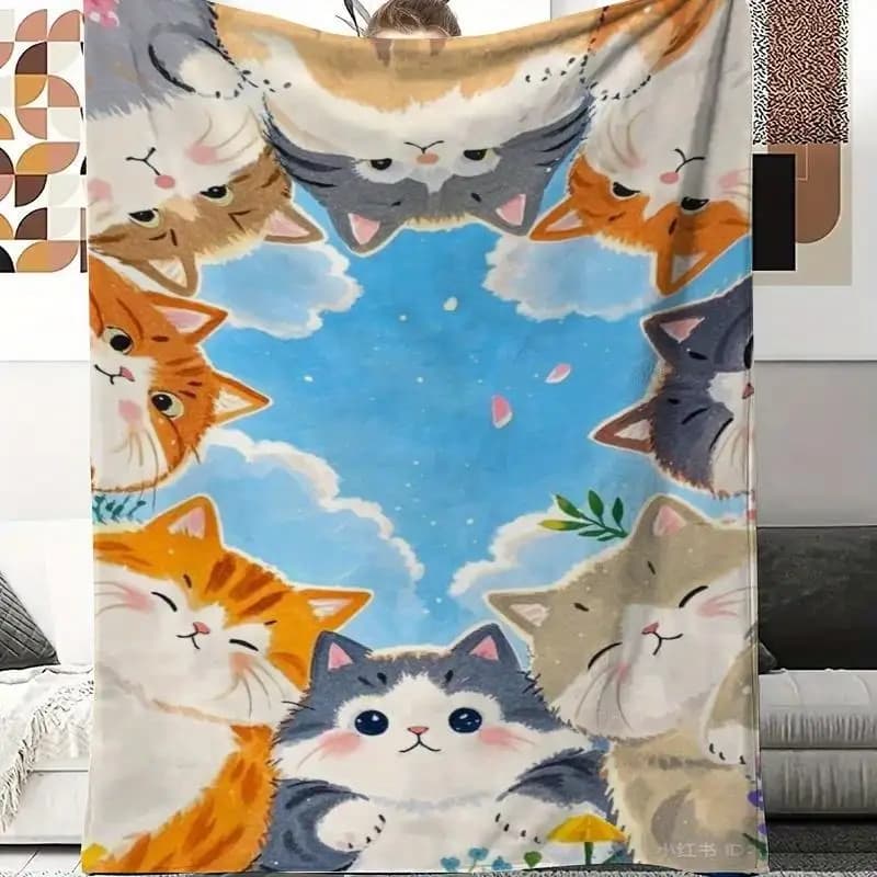 Cute cat face pattern Flannel printed blanket suitable for all seasons suitable for living room office sofa and travel 180x250CM