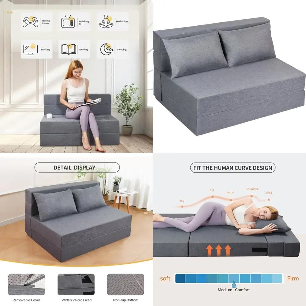 Divano letto pieghevole doppio, divano futon convertibile con cuscini, fodera lavabile, ideale per soggiorni e dormitori, grigio chiaro