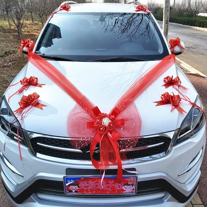 1 set di decorazioni per auto da matrimonio, fiori artificiali, fiori, maniglie per porte, nastri, fiori di seta, festival, feste, decorazioni per auto