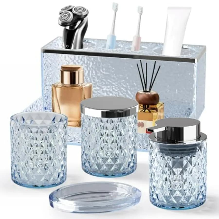 Set di accessori per il bagno in vetro 5 pezzi di cristallo blu dispenser di sapone schiumogeno portasapone tazza portaspazzolino in acrilico con vassoio organo