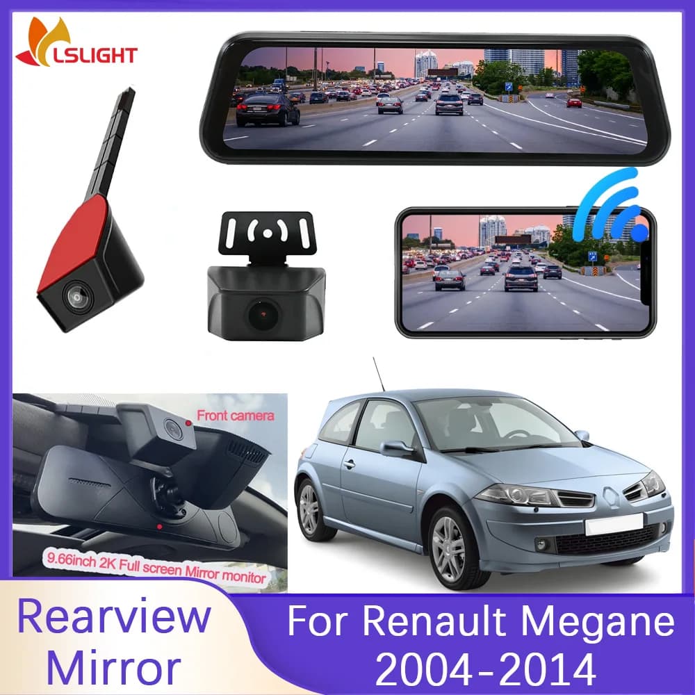 9.66 inch car rearview mirror for Renault Megane 2004-2014 Vehicle Dashcam AHD 4K + 1080P DVR IPS Touch Screen with 2 cameras