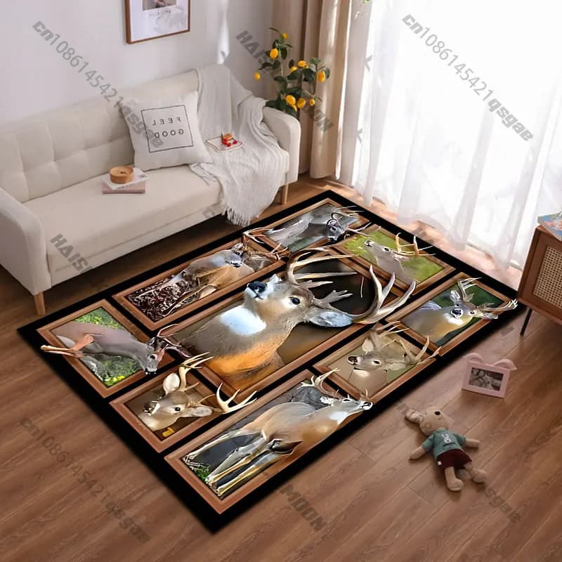 Carpet with portraits of deer, horns and nature, for yoga, living room, decoration for the room, baby crawler mat, tirbino, decorative carpet