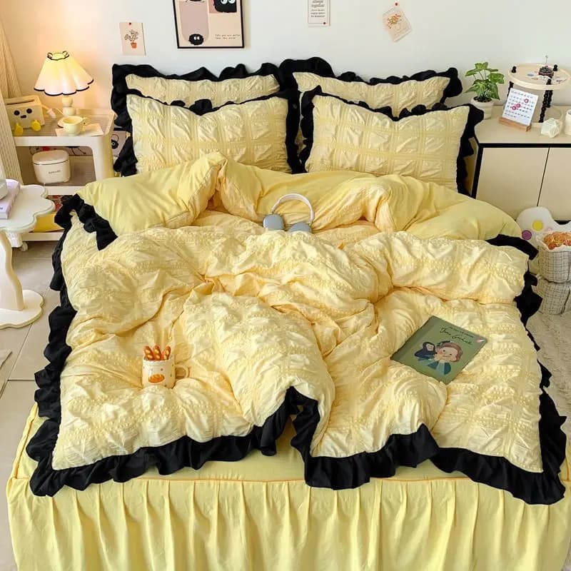 Bed linen set in cotton washed with black lace bubble gauze Set lace duvet style princess delicate on the skin Set bed for the house