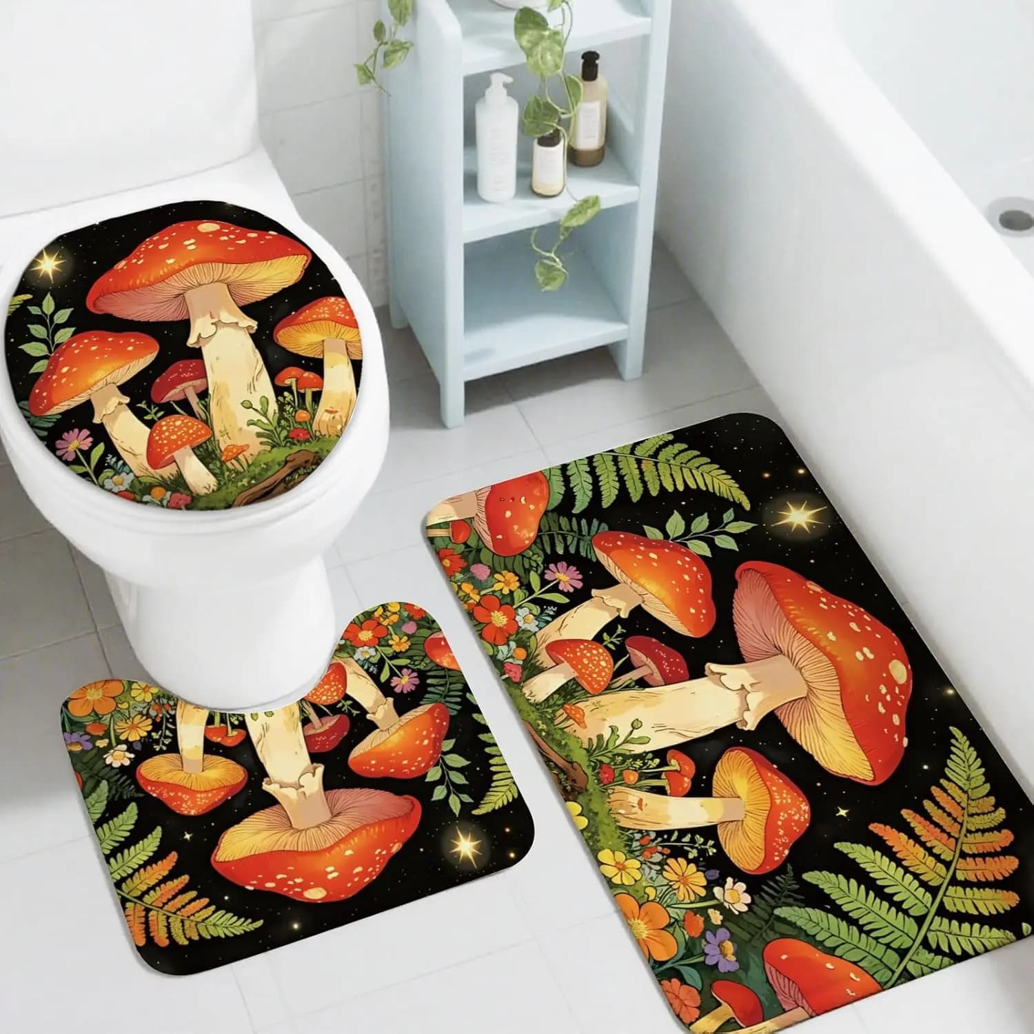 Set Tappetini da Bagno a Tema Funghi - Set 3 Pezzi con Tappeto, Copriwater e Tappetino a U, Antiscivolo e Lavabile