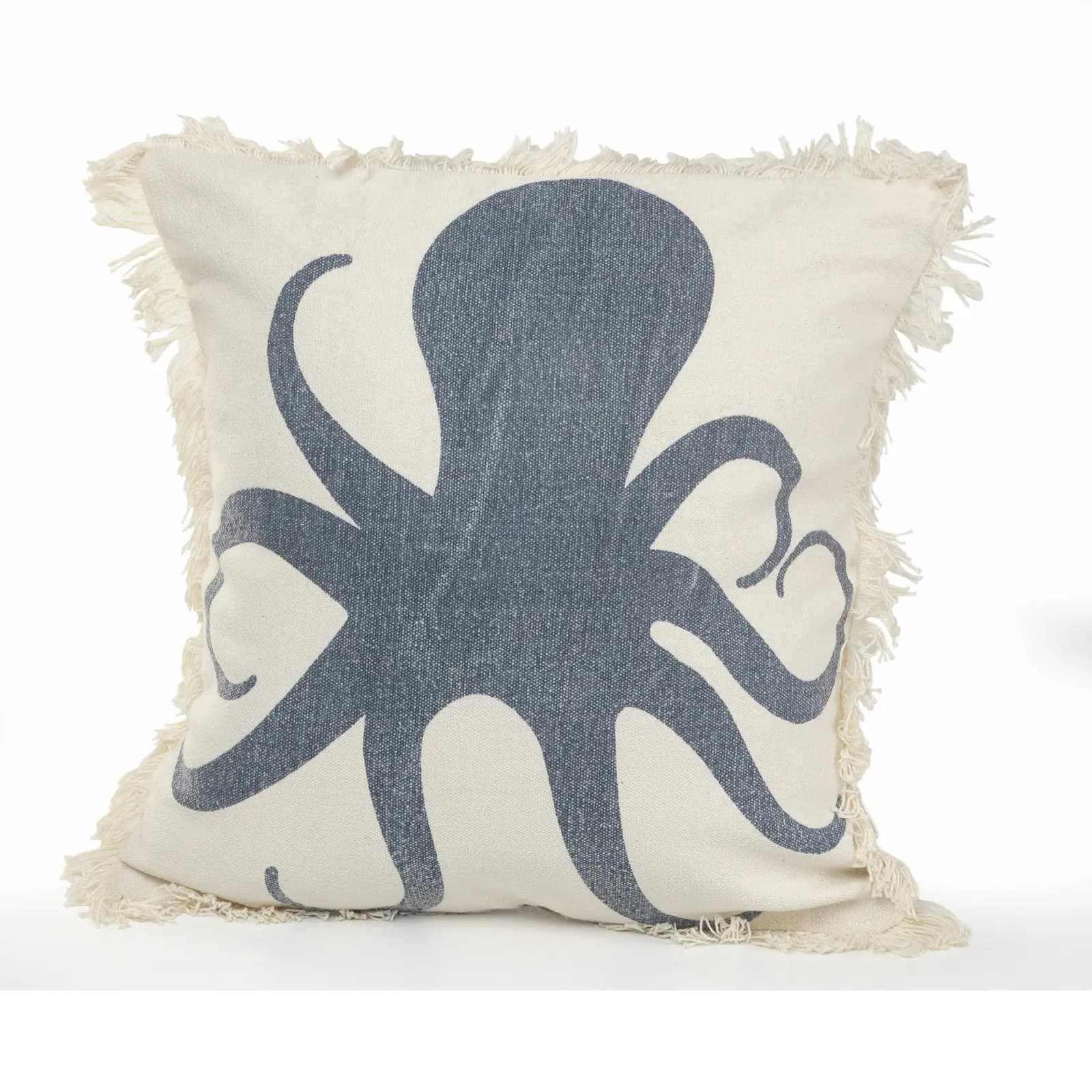 White and blue octopus fringed cotton decorative throw pillow for adults 18 inches square