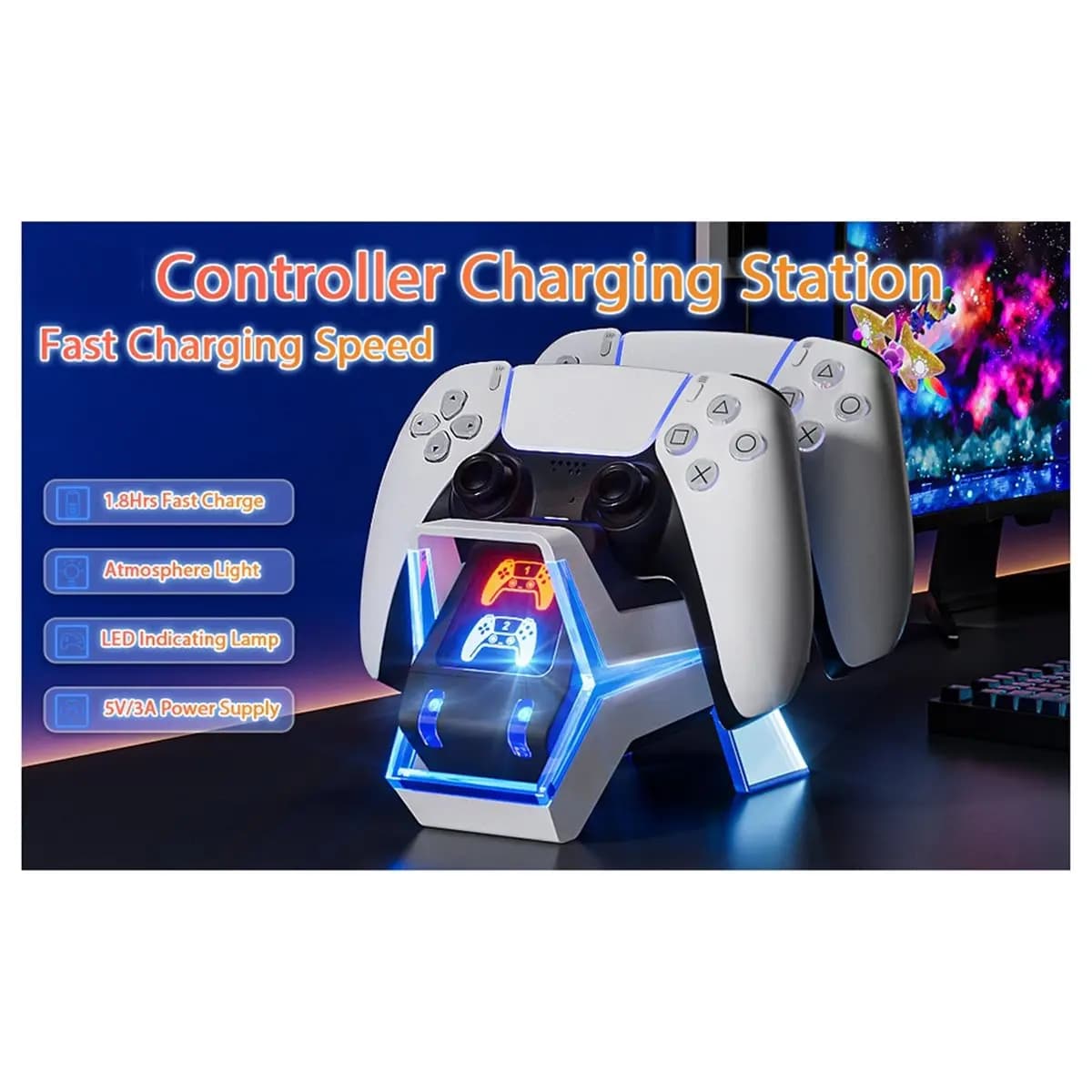 Caricatore Rapido per Controller PS5 con Doppio Slot e Display LED, Dock di Ricarica per Controller