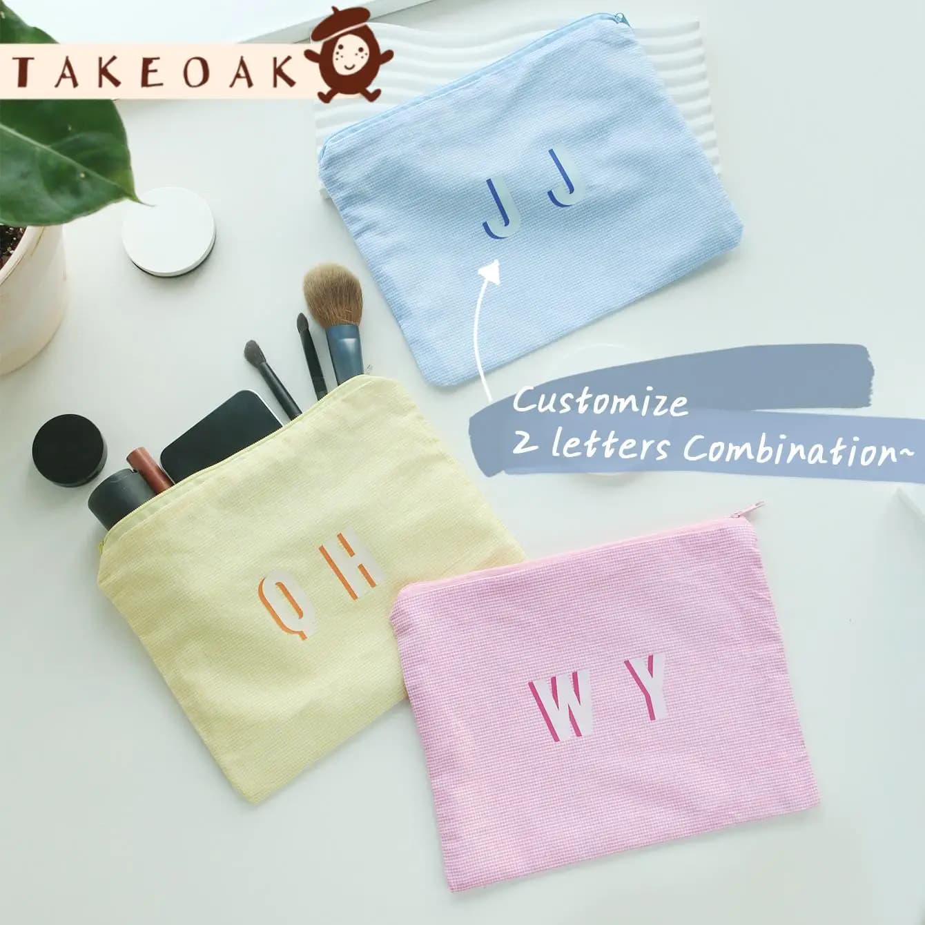 Personalized 2 Letter Initial Makeup Bag Soft Grid Fabric Zipper Cosmetic Pouch Custom Monogram Travel Storage Bag