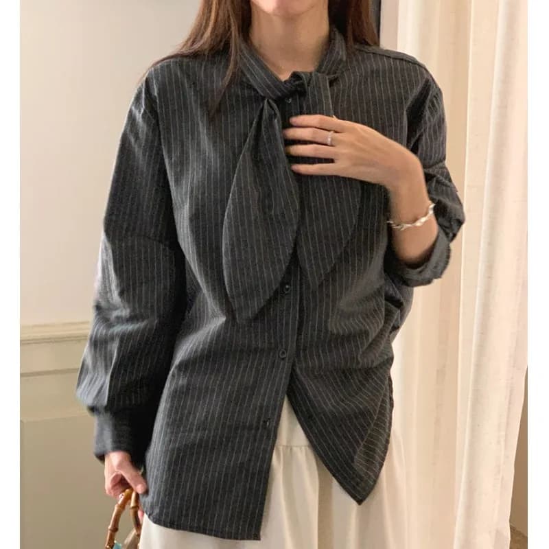 Women's Chic Retro Style Shirt Knot Belt Design Single Button Color Block Striped Long Sleeve Top Korean Version