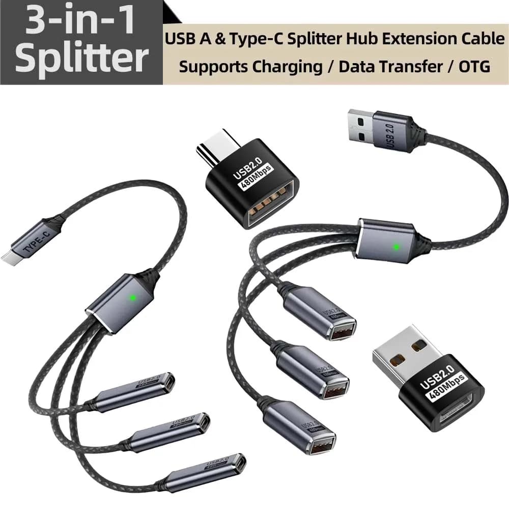 3 in 1 USB A&Type C Splitter HUB Expansion Cable Multi Port Expander OTG Adapter Fast Charging Data Sync for Laptop,Hard Drive