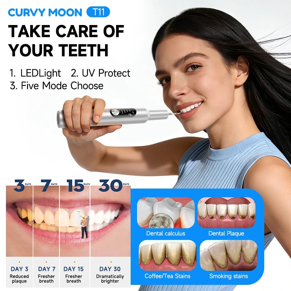 CURVY MOON T11 Ultrasonic Dental Cleaner, Tartar Eliminator, Dental Macchie Removal, Tooth Whitening