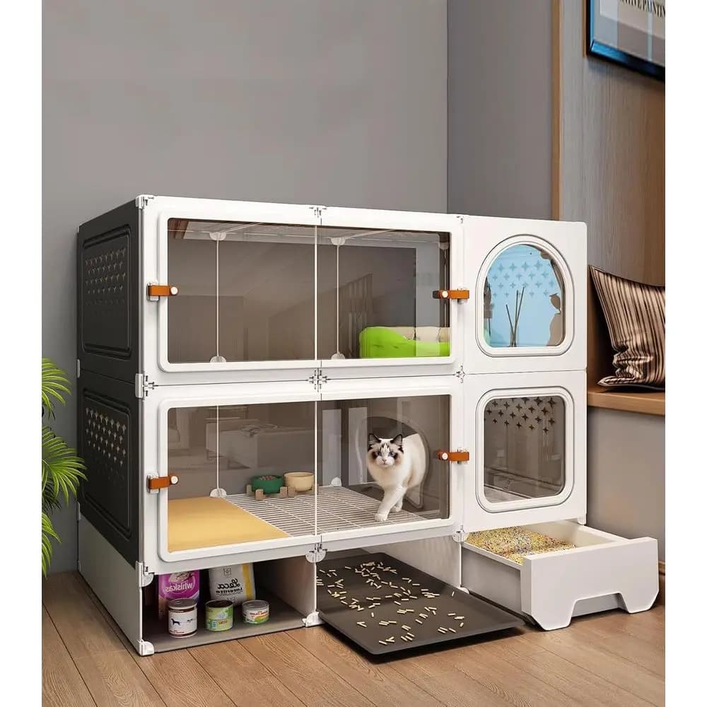 Expandable Metal Cat Enclosure with Litter Box & Clear Door, Indoor/Outdoor Detachable Playpen