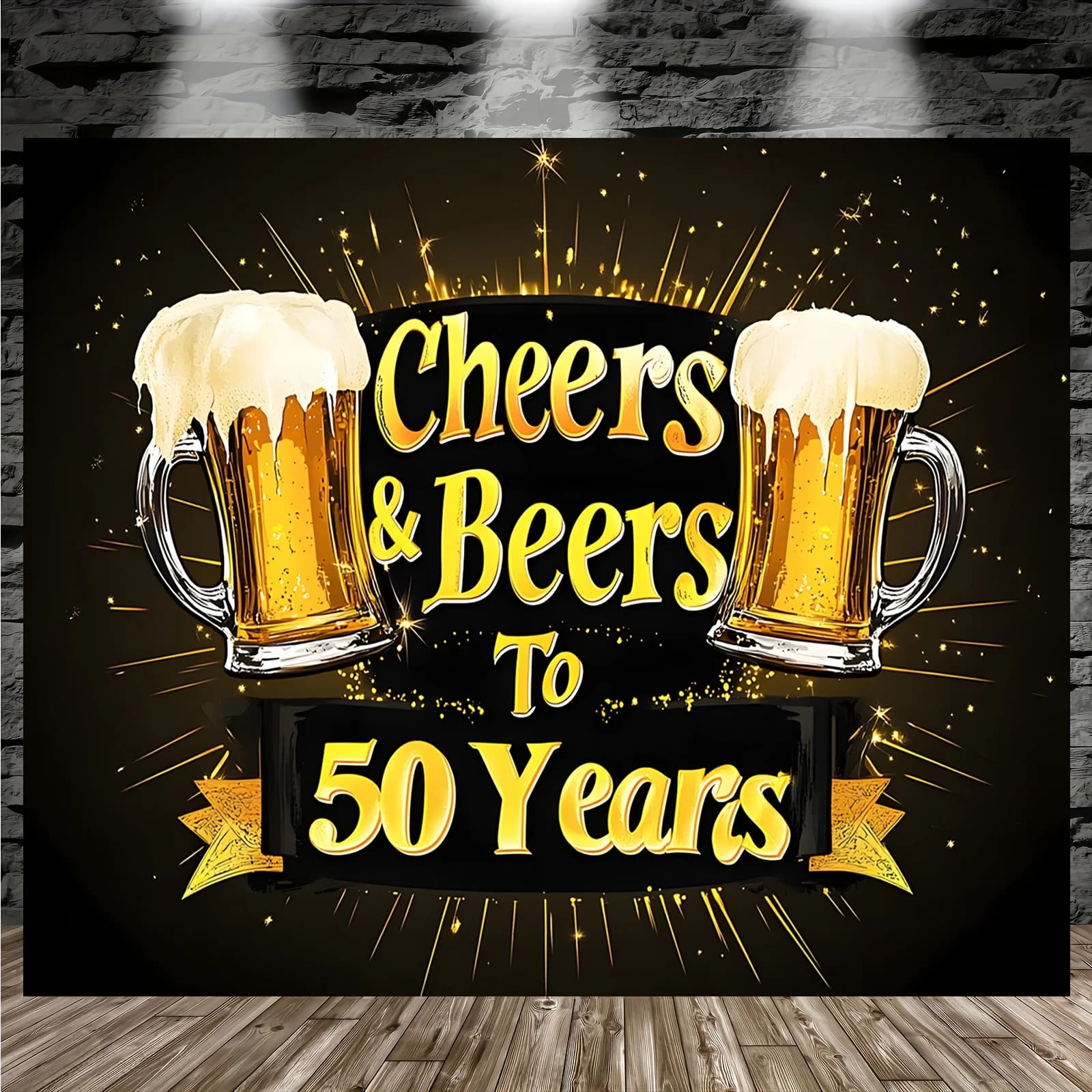 Sfondo in poliestere "50° anniversario Happy Beer" da 1 pezzo: design festivo della tazza di birra dorata, decorazione per la festa del 50° compleanno