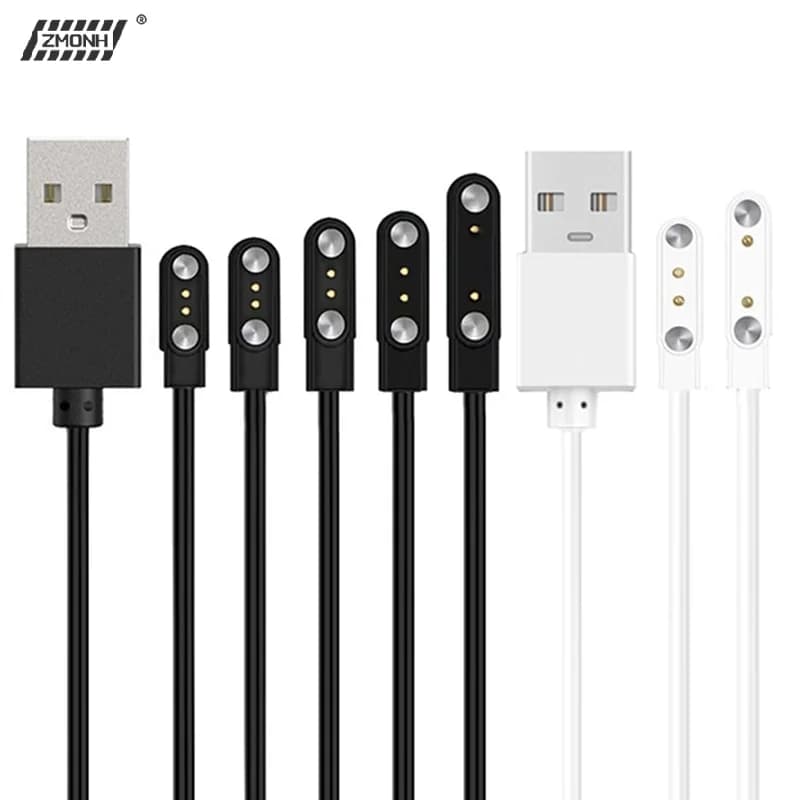 Cavo di Ricarica Magnetico a 2 Pin, Cavo USB per Ricarica, Colore Nero e Bianco, Compatibile con Smartwatch Universali