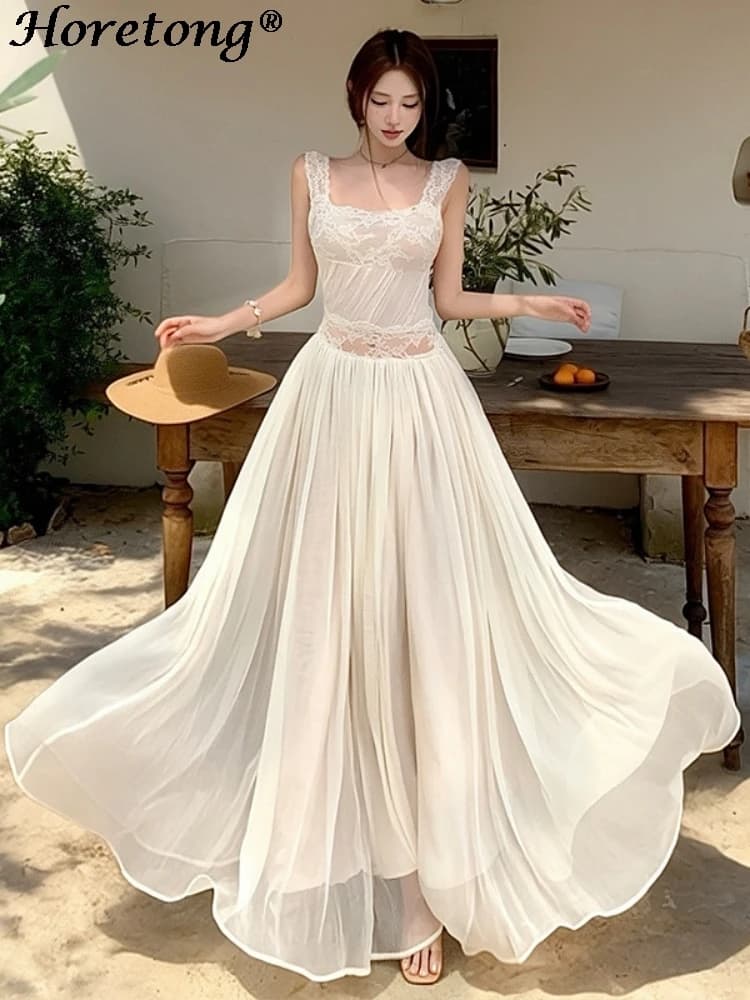 Abito lungo da donna in pizzo patchwork con schiena scoperta e bendaggio, vestito estivo elegante a vita stretta, fluido, a trapezio, per vacanze e spiaggia