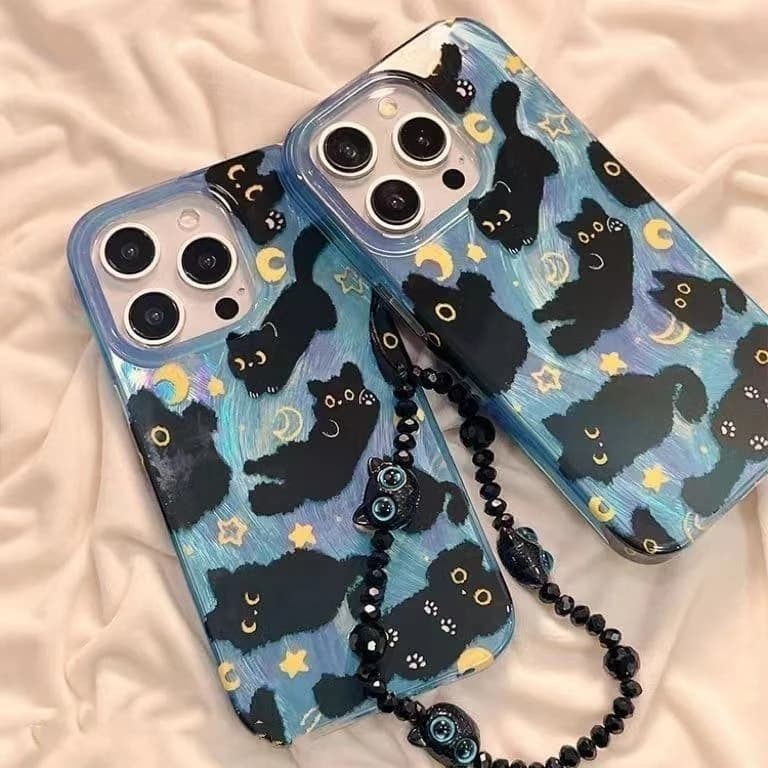 Cartoon Dreamy Moon Cute Cat Doodle Phone Case for iPhone 16e 16 15 14 13 12 11 Pro Max X Xs XR XSMax Plus Feather Texture Cover