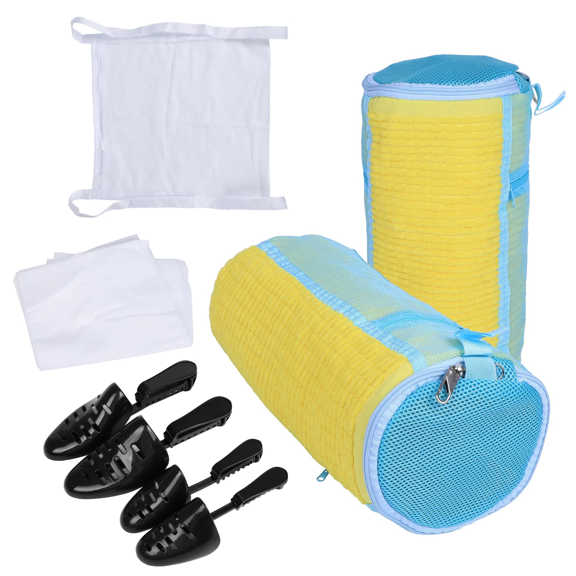 17PCS Shoe Washing Machine Bag, Laundry Shoe Bag, Reusable and Durable Zipper Shoe Cleaner Kit with 2 pairs Adjustable Shoe Trees(Large Yellow)