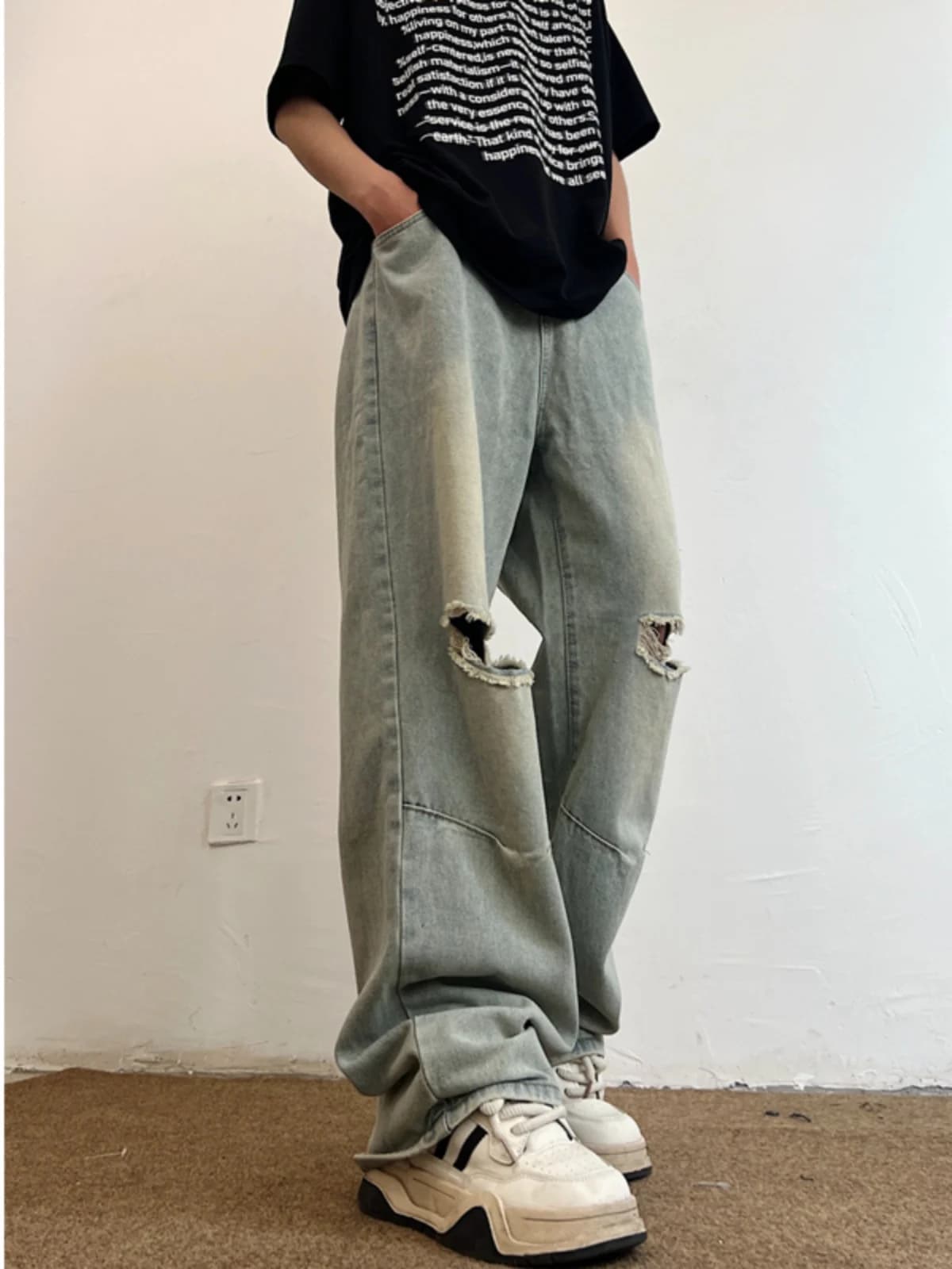 Washed Mud Yellow Hole Punching Men's Summer Oversize Draping Beggar Jeans High Street Loose Straight Leg Trousers