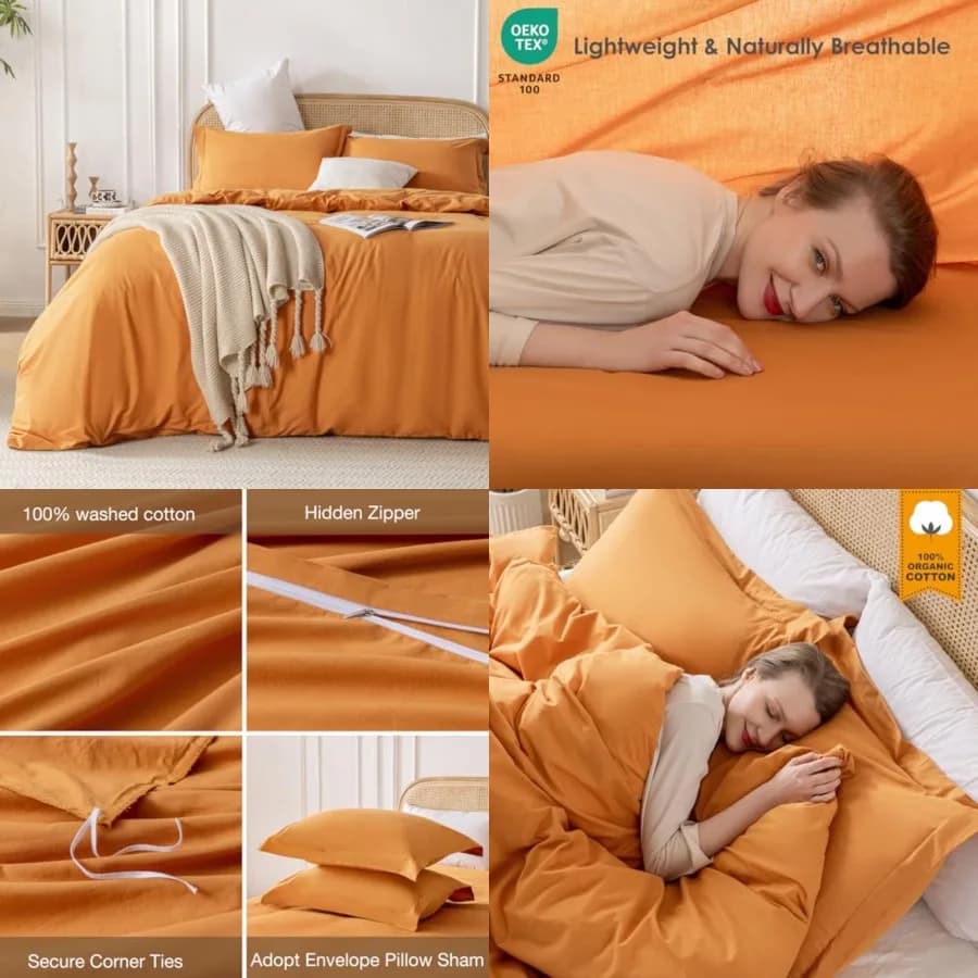 Set Copripiumino in Cotone Lavato 100% Effetto Lino, 3 Pezzi, 1 Copripiumino 80x90 Pollici e 2 Federe, Morbido e Traspirante