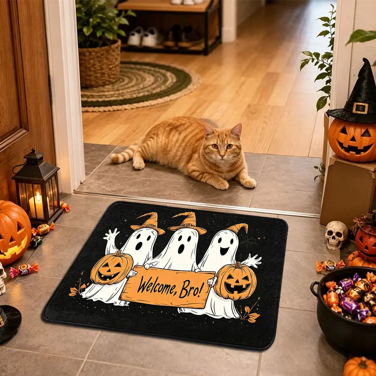Faux Cashmere Halloween Ghost Pumpkin Doormat Welcome Bro Non‑Slip Floor Rug Home Holiday Decor Carpet
