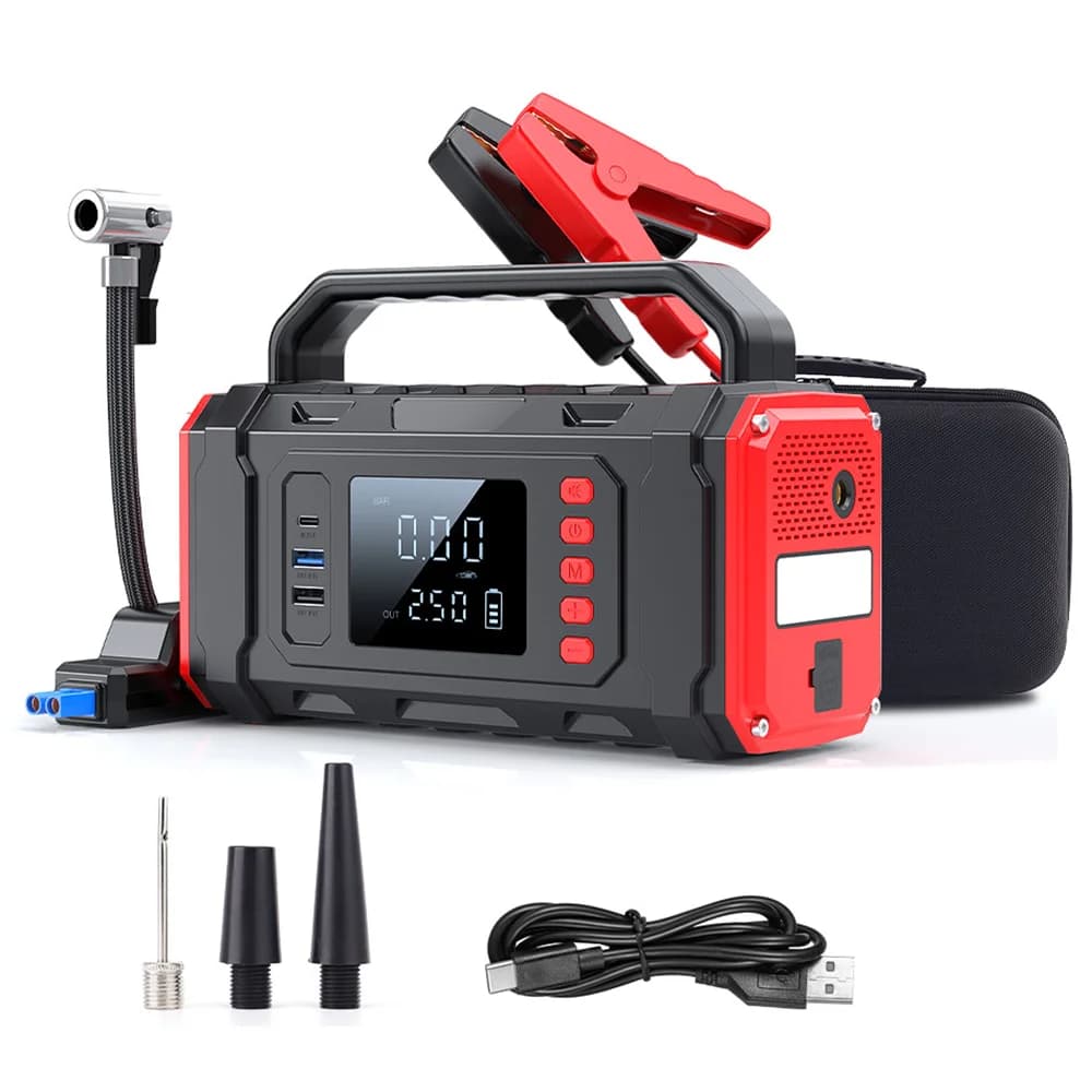 5-in-1 Portable Emergency Avviator for Auto with Air Compressor, Pneumatic Inflator, Power Bank with Quick Charging and LED Light for Emergency 12V